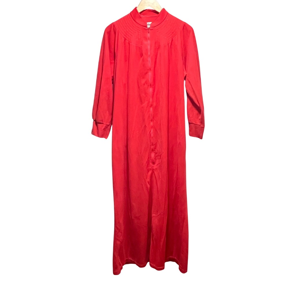 Vintage Katz Red Velour Zip Front Long Robe House Coat Medium 843
